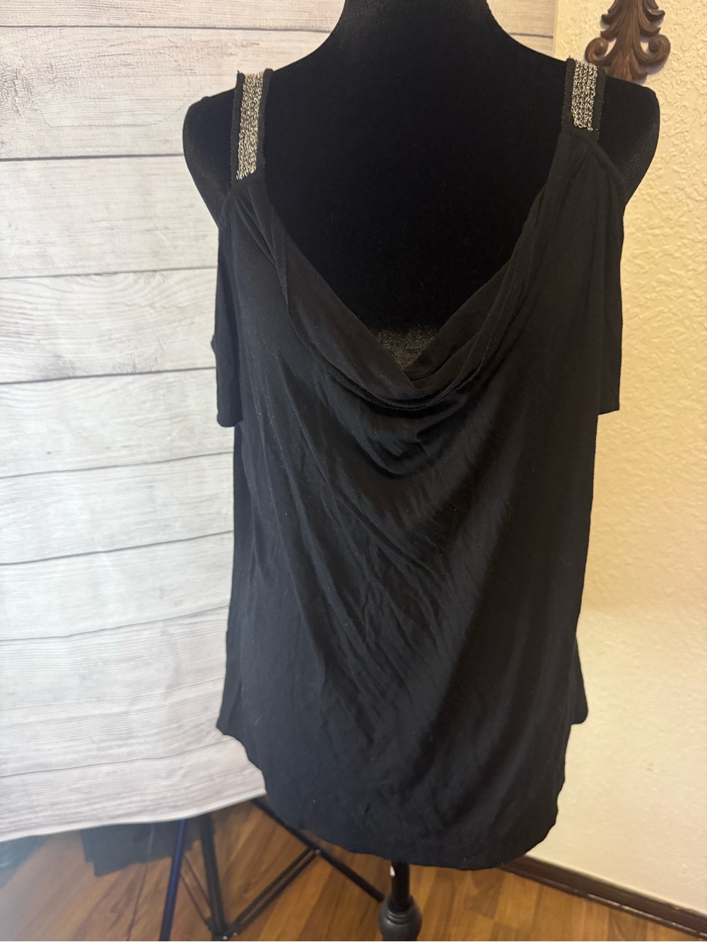 Rock & Republic Black Cowl-Neck Cold Shoulder Tank with Embellished Straps